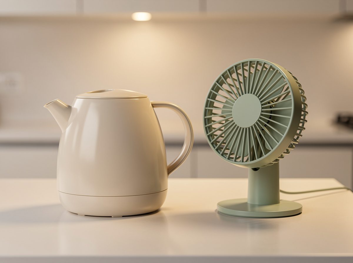 غلاية عاجية ومروحة مكتب خضراء فاتحة على سطح مطبخ